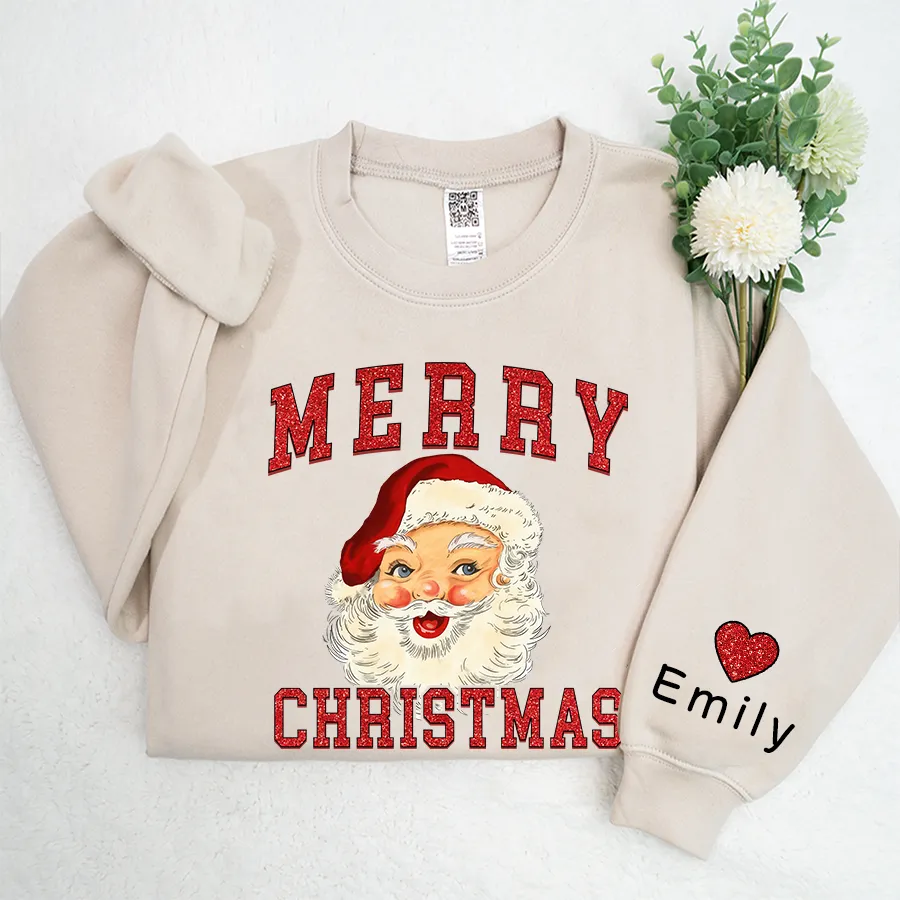 Personalized Merry Christmas Shirt, Retro Santa Shirt, Glitter Sweatshirt