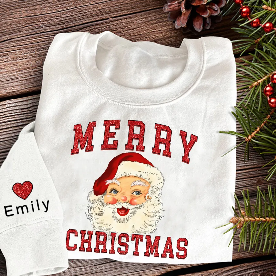 Personalized Merry Christmas Shirt, Retro Santa Shirt, Glitter Sweatshirt