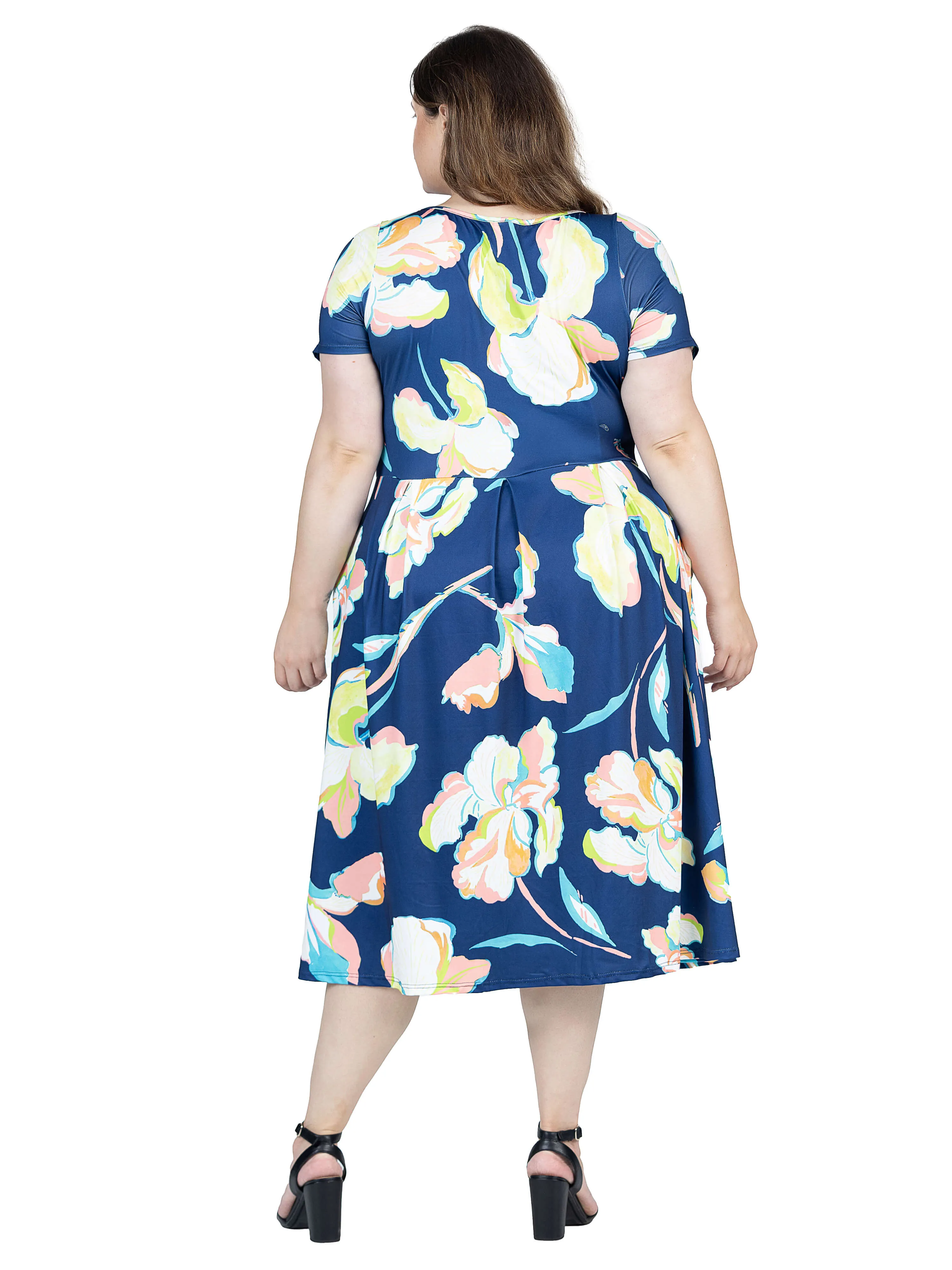 Plus Size Blue Floral Short Sleeve Pleated Flare Midi Pocket Dress