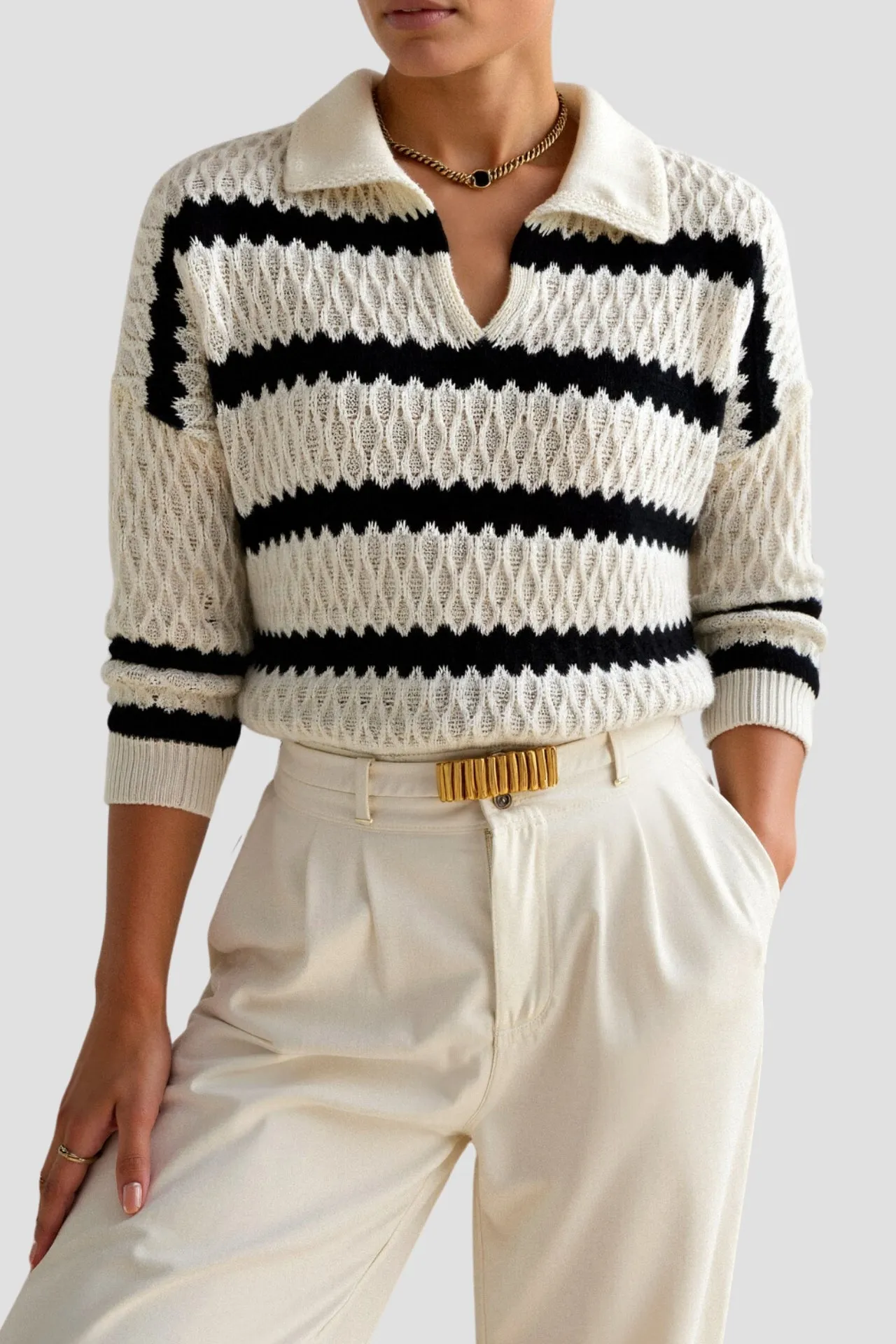 Premium Elegant Long Sleeve Patterned Striped Drop Shoulder Collared Sweater