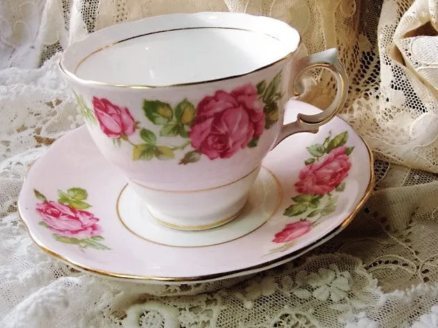 PRETTY Vintage English Colclough Tea Cup and Saucer PINK ROSES for Bridal Luncheons,Showers,Hostess Gift, Bridesmaid Gift, Wedding, Alice in Wonderland Tea Party