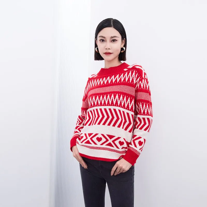 Red & White Jacquard-knit Christmas Wool Sweater