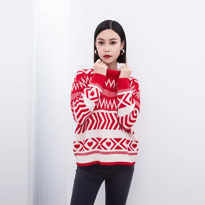 Red & White Jacquard-knit Christmas Wool Sweater