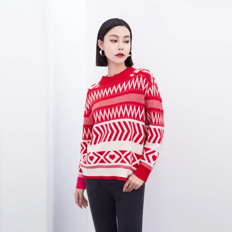 Red & White Jacquard-knit Christmas Wool Sweater