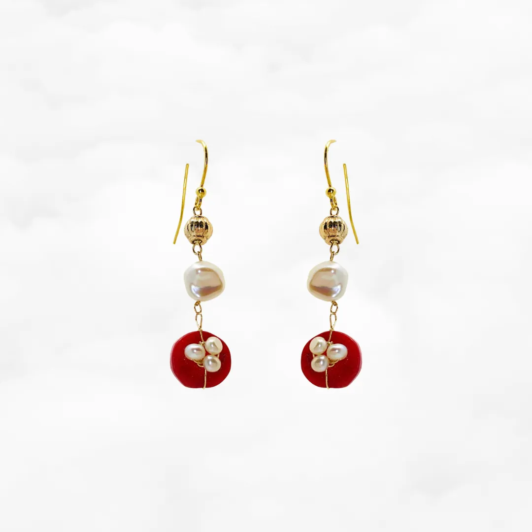 Red Coral Plum Blossom Earrings Gold