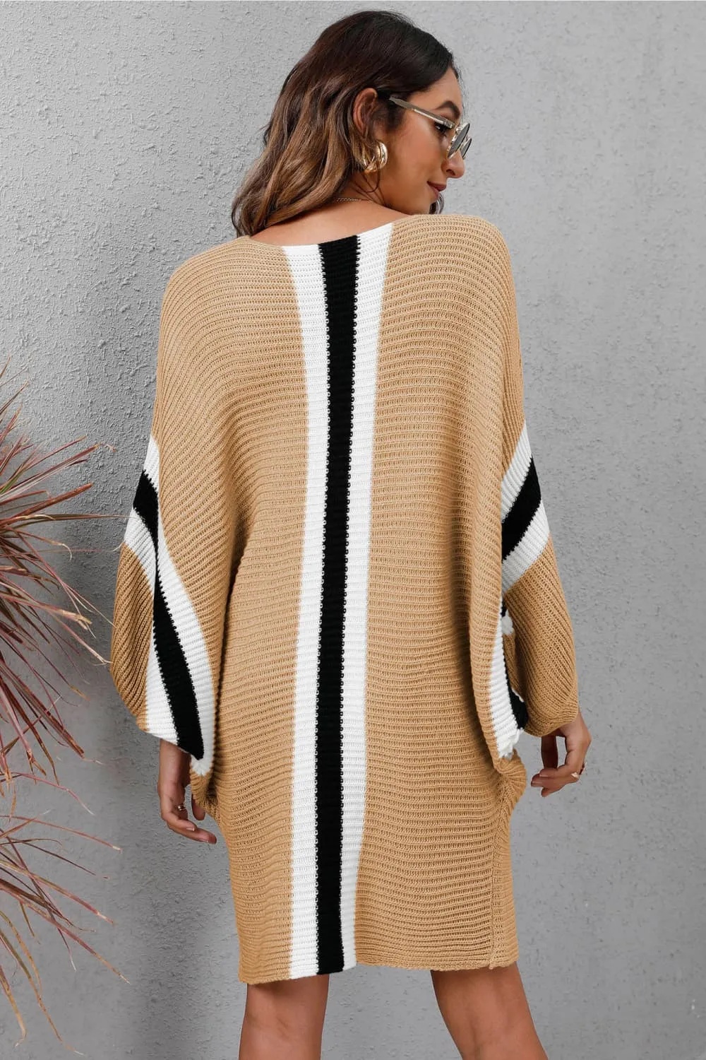 Ribbed Round Neck Long Sleeve Sweater Dress