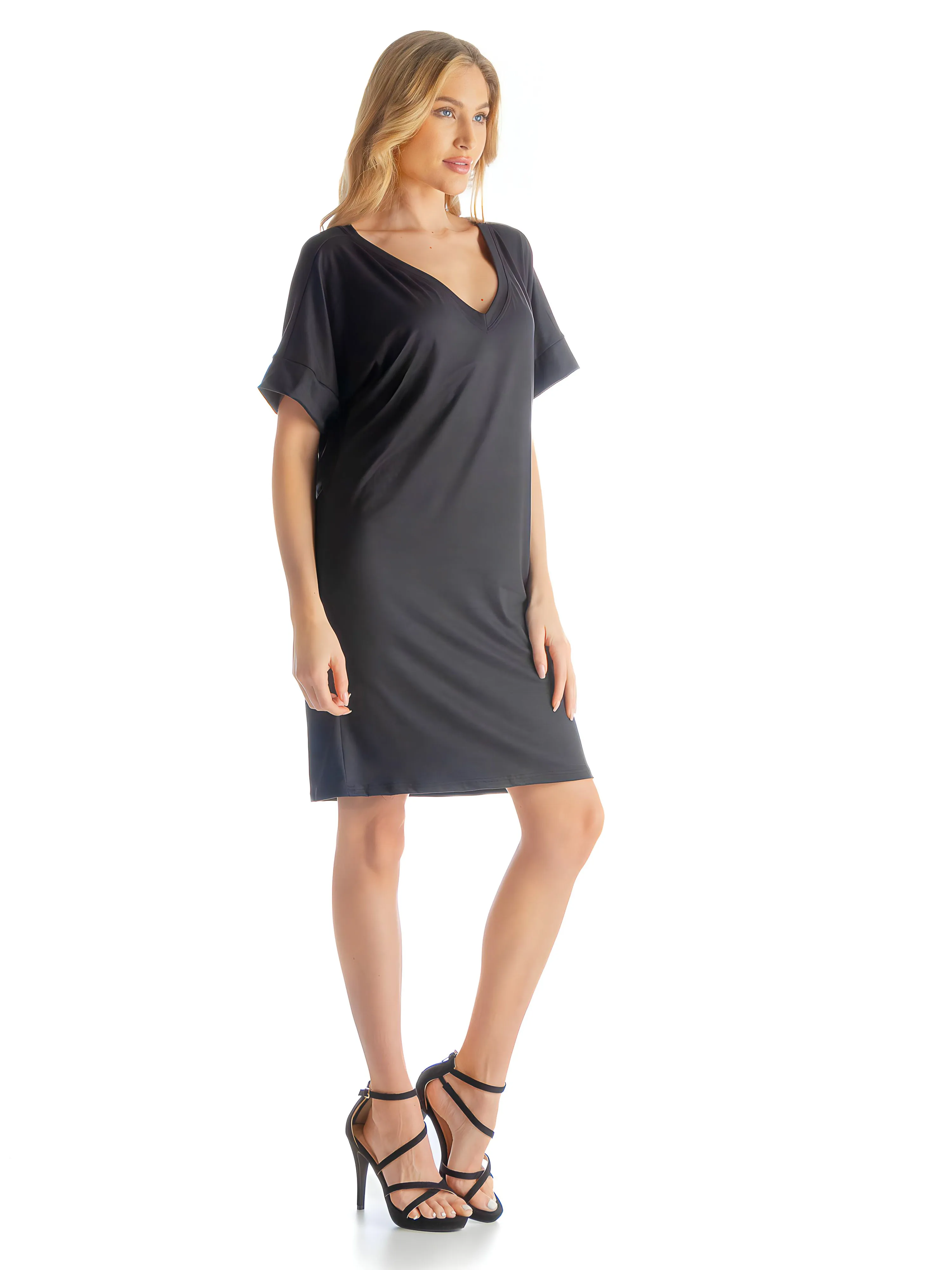 Solid Color Loose Fit V Neck T Shirt Style Womens Knee Length Dress