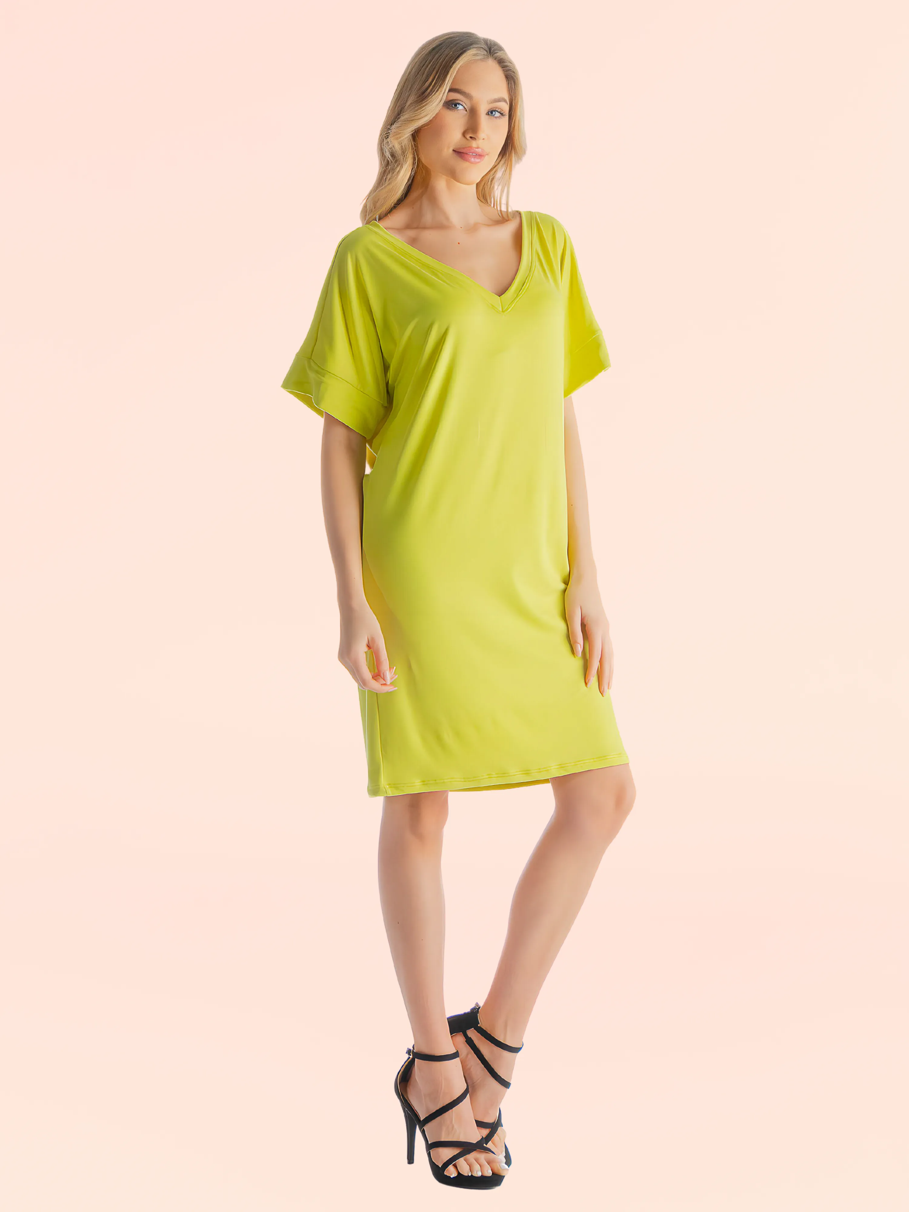 Solid Color Loose Fit V Neck T Shirt Style Womens Knee Length Dress