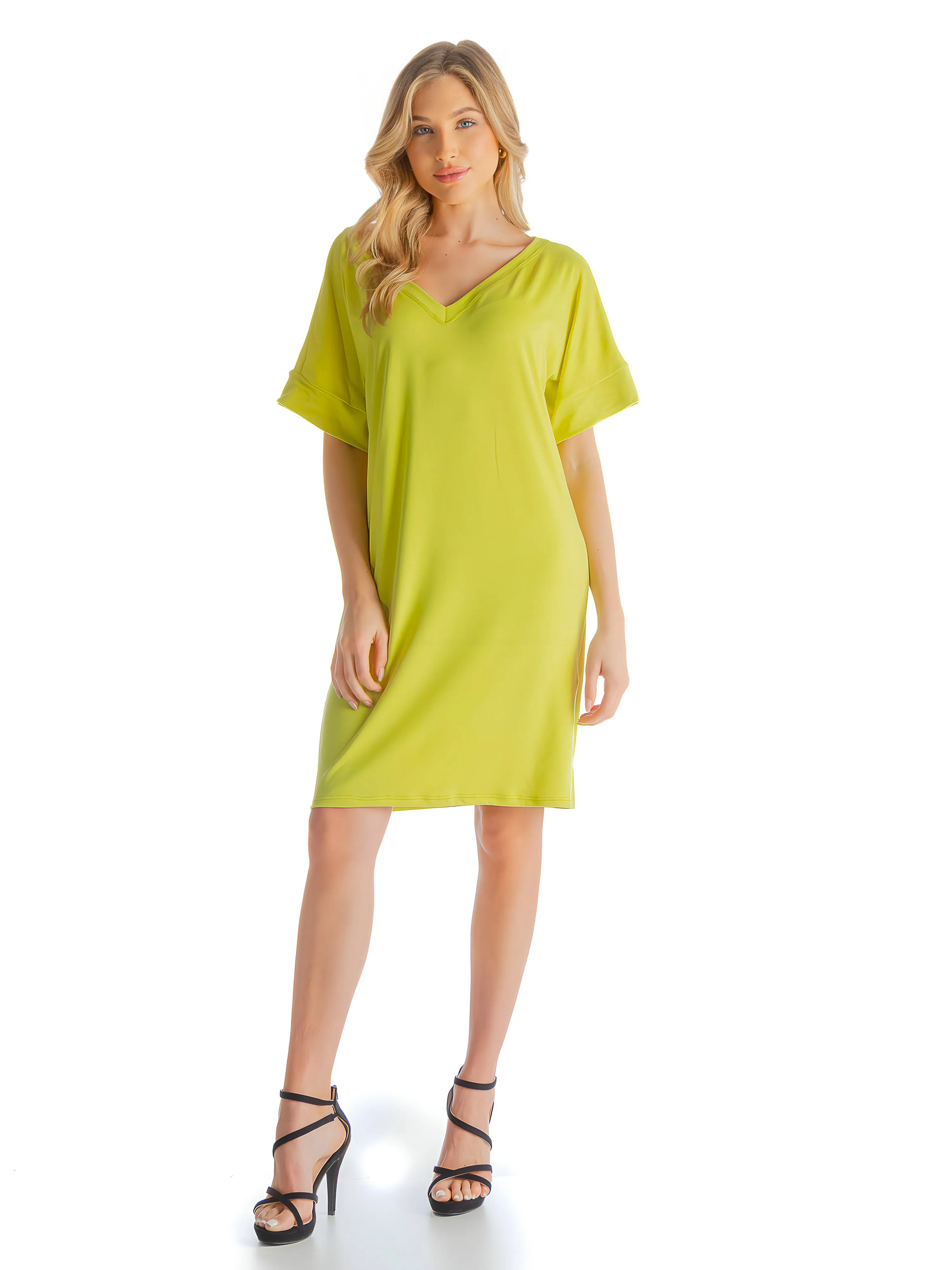 Solid Color Loose Fit V Neck T Shirt Style Womens Knee Length Dress