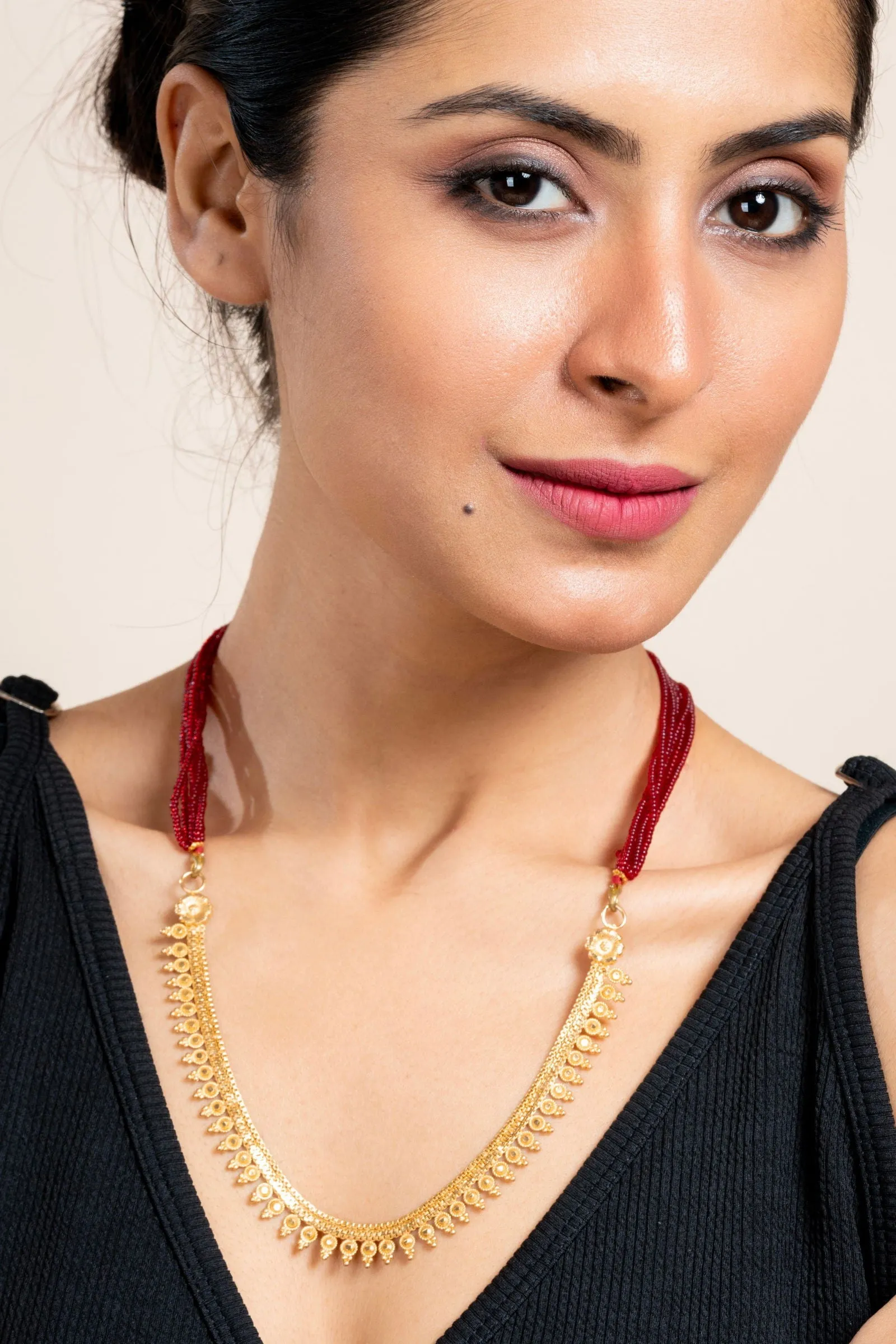 Unique Gold Plated Floral Design Statement Necklace with Red Tassel Dori