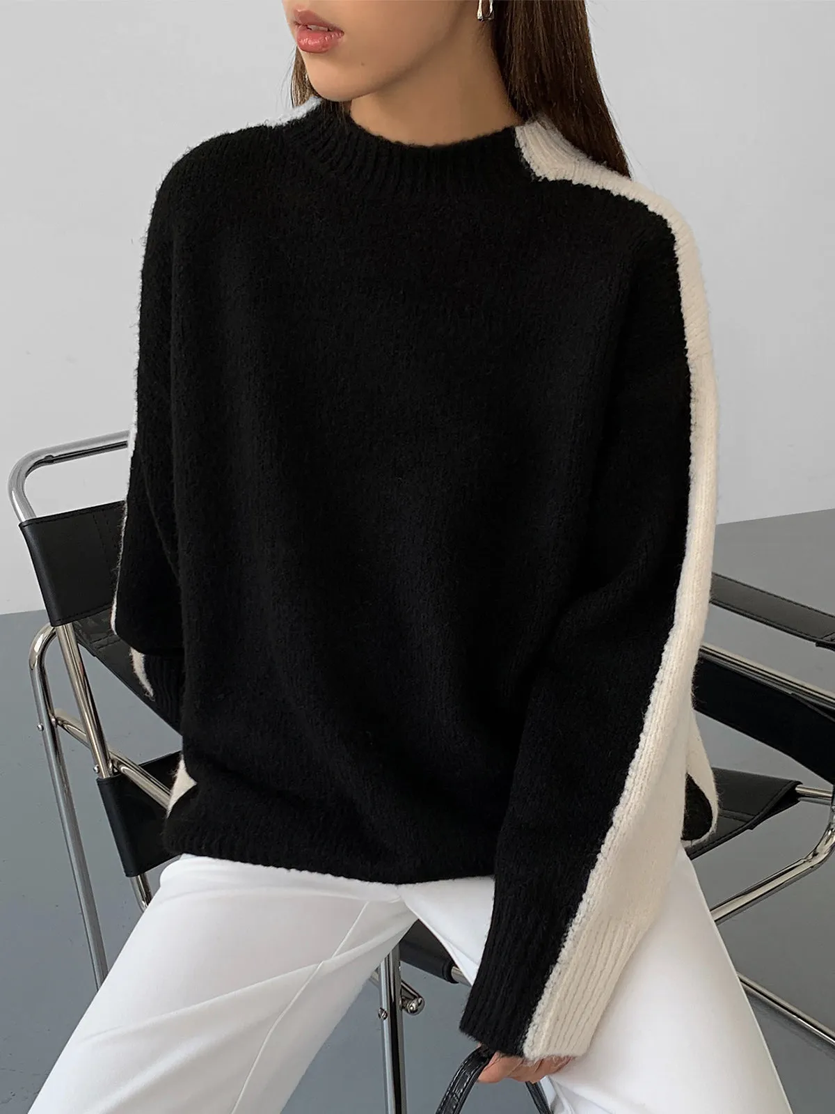 Wenkouban-Christmas Thanksgiving outfits_Casual Contrast Graceful Color Knit Sweater