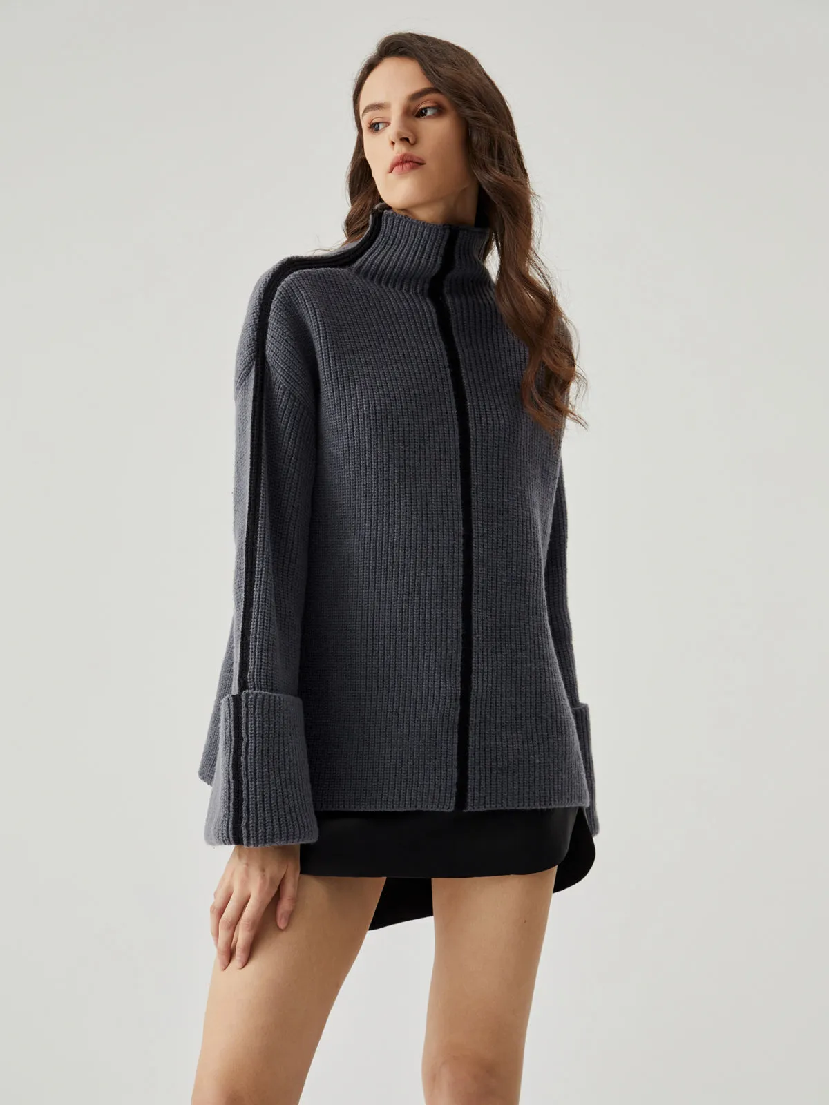 Wenkouban-Christmas Thanksgiving outfits_Contrast Trim Mock Trendy Neck Ribbed Knit Sweater