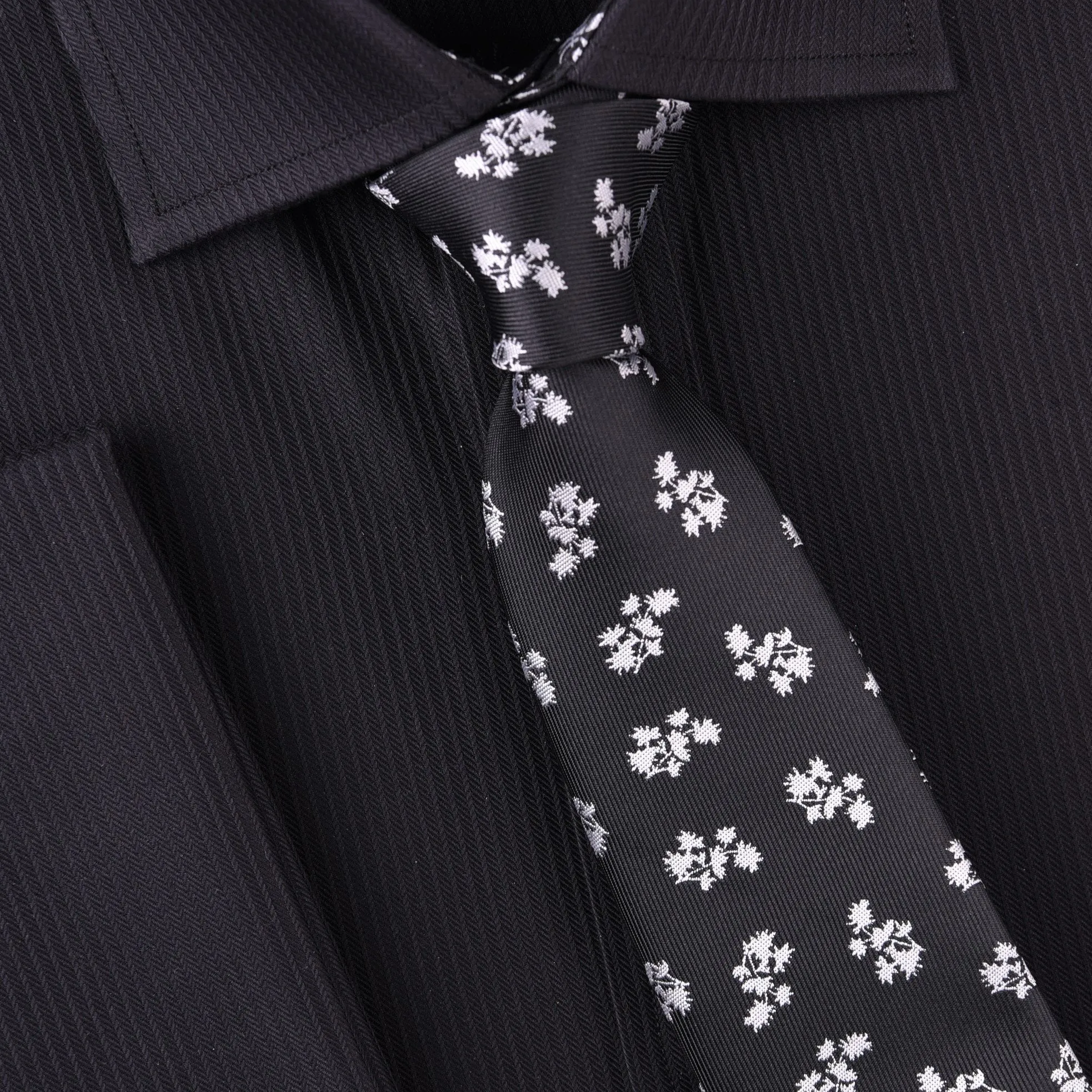 White Floral Sunflower Field Black Sexy Fashion Woven Tie 3"