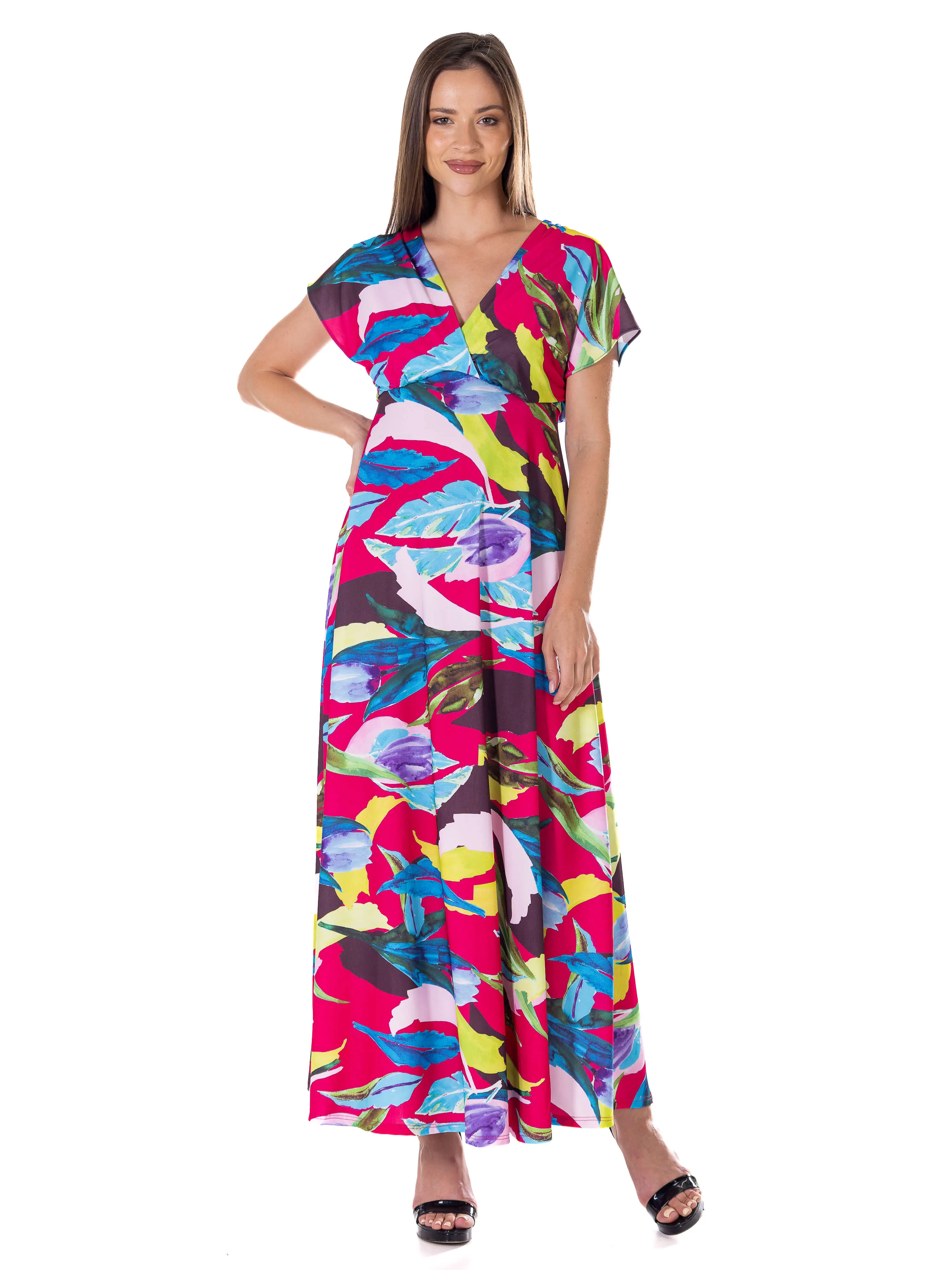 Womens Floral Print V Neck Empire Waist Kimono Cap Sleeve Maxi Dress